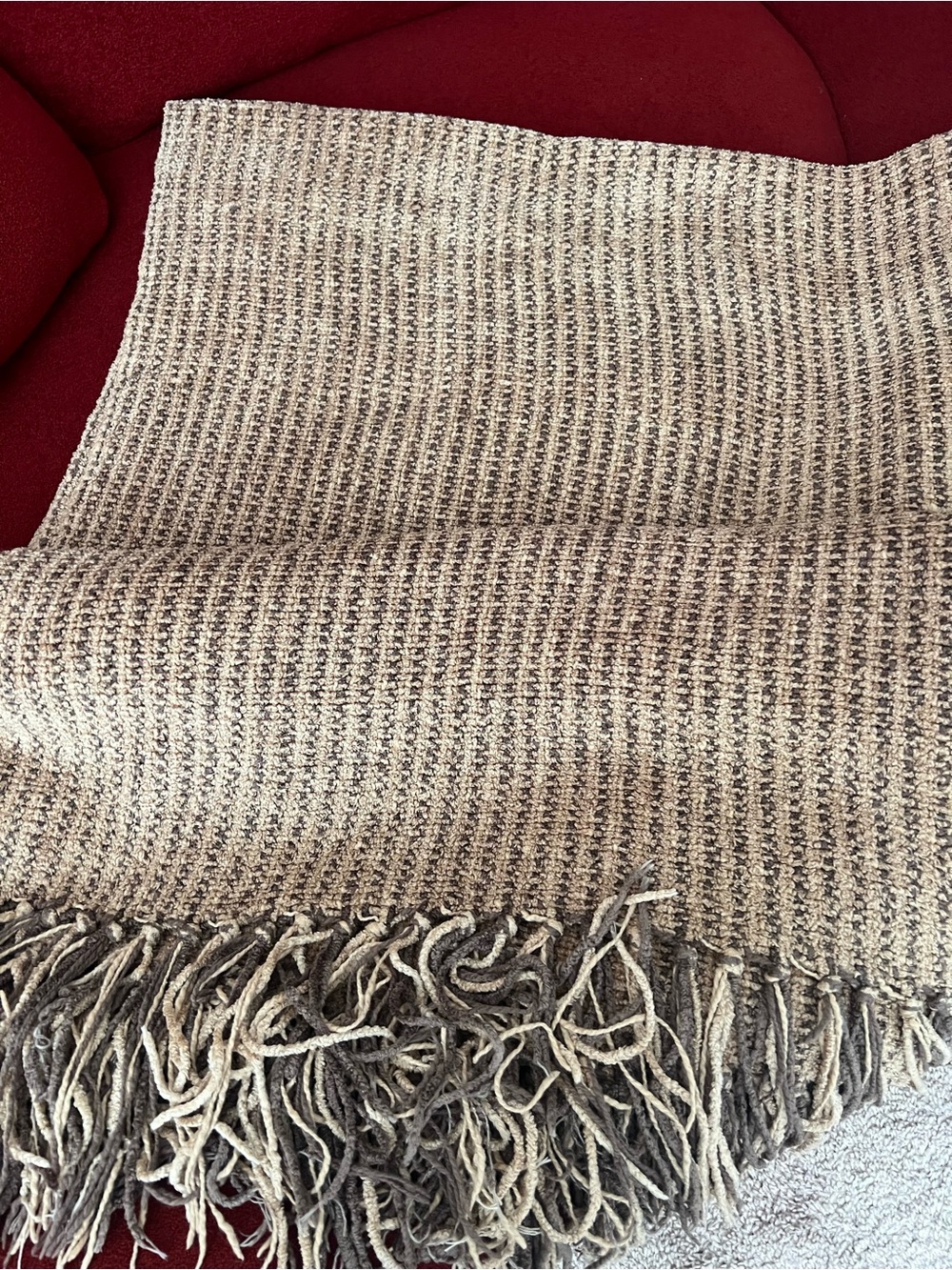Restoration Hardware 5lb Beige & Brown Chenille Woven Fringe Throw - Picture 5 of 9